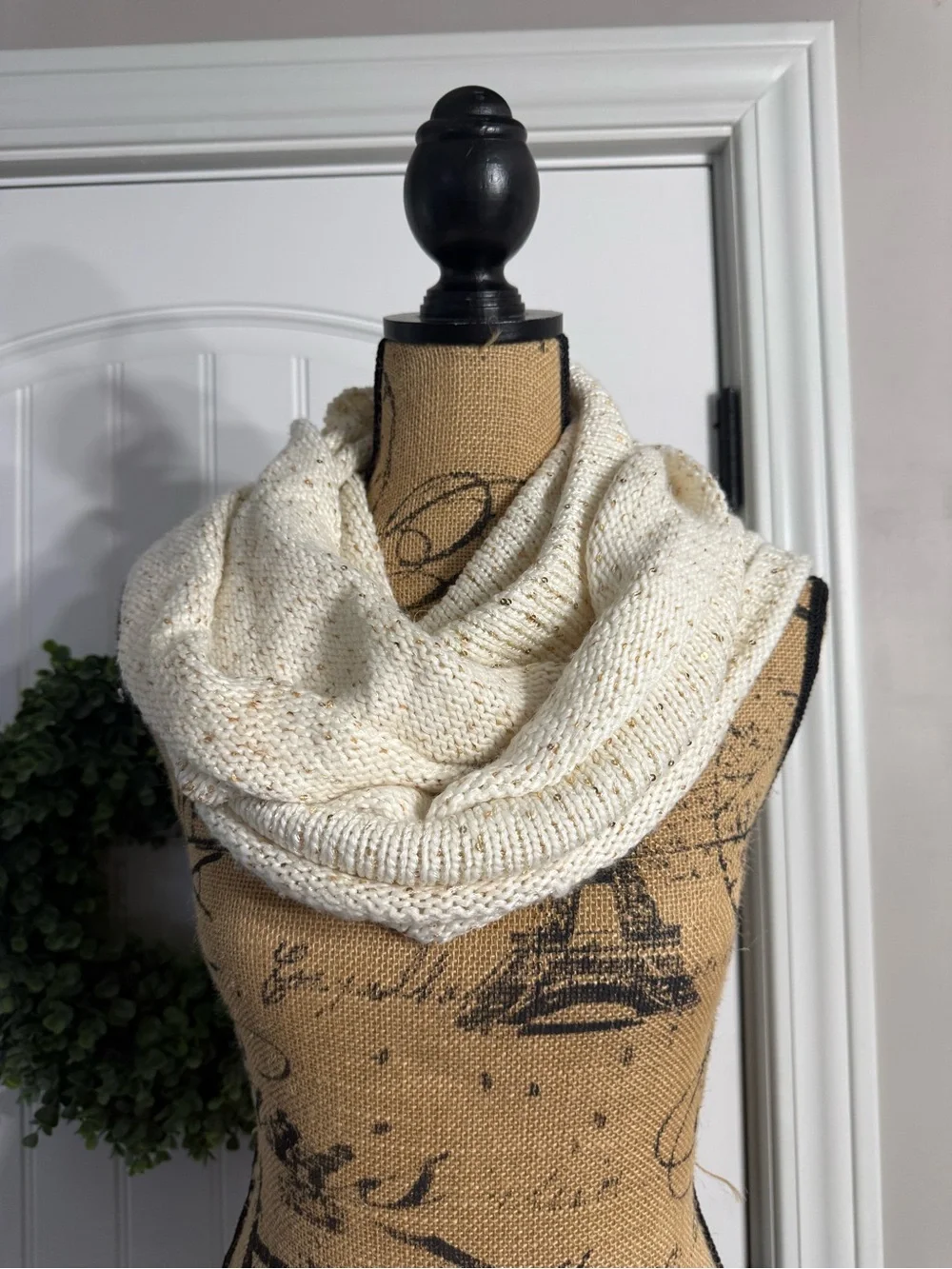 Calvin Klein Cream Knit Infinity Scarf with Gold Threading